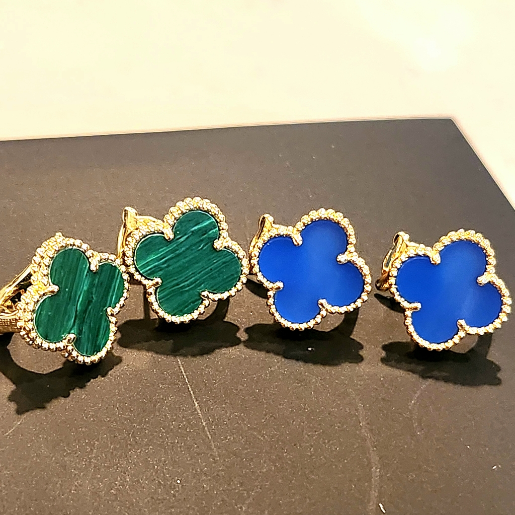 Stud Earrings Clover Design Green,Blue Colors Opal Stone. Stainless Steel Plated